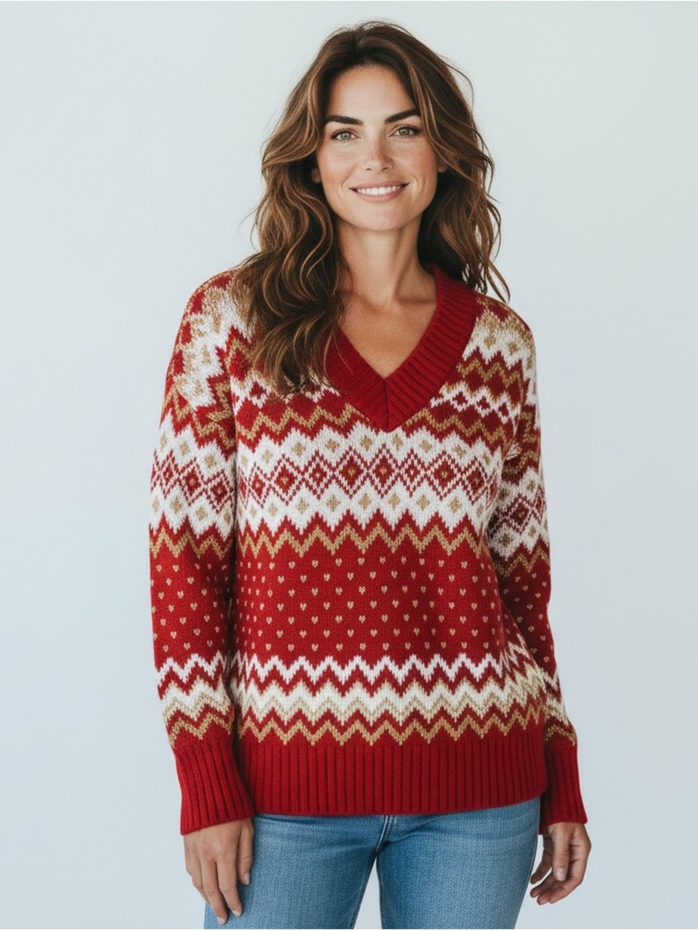 Talbots Petite Red Fair Isle V-Neck Knit Sweater - Women’s Size XLP